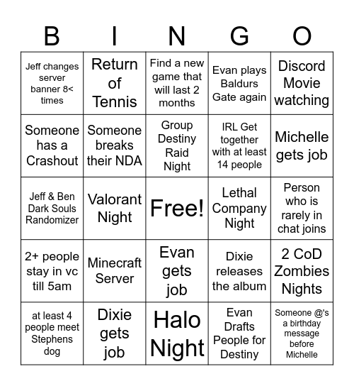 B's Server Bingo Summer (May-Aug) Bingo Card