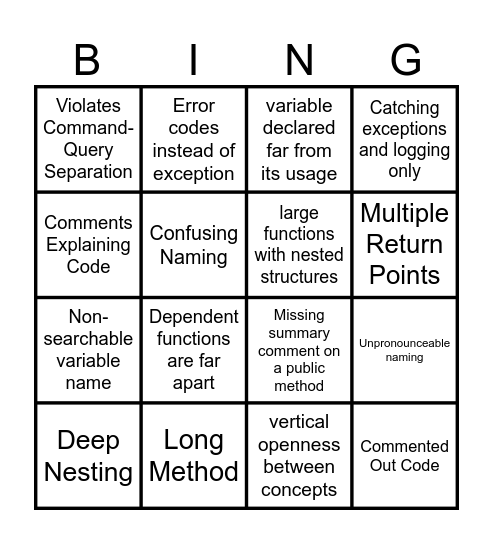 Code Smell Bingo!! Bingo Card