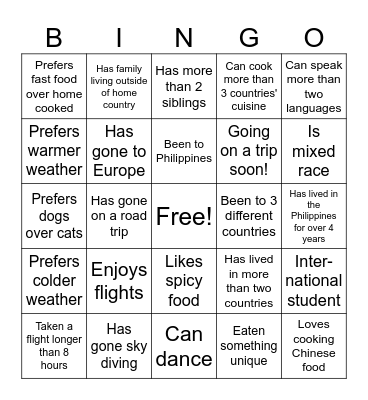 International Bingo Card
