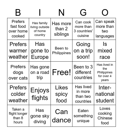 International Bingo Card
