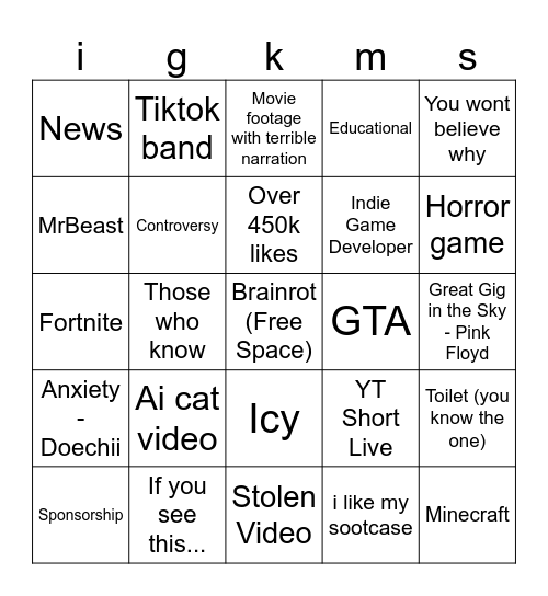 YT Shorts Bingo Card