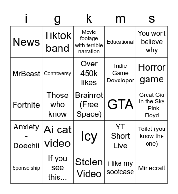 YT Shorts Bingo Card