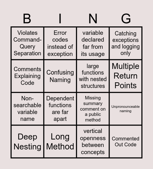 Code Smell Bingo!! Bingo Card