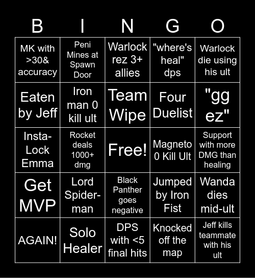 Marvel RIvals BIngo Card