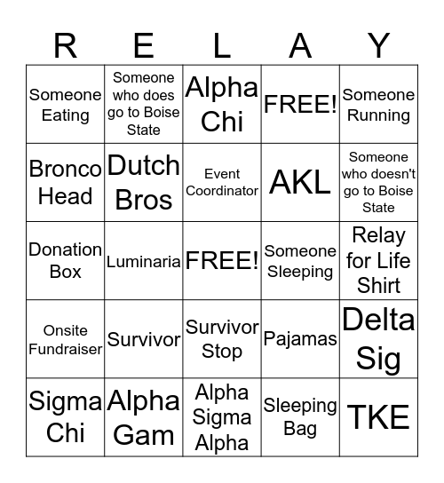 Relay for Life BINGO Card