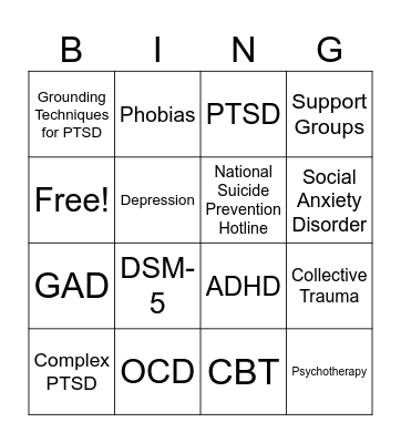 Mental Health + PTSD Bingo Card