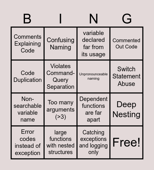 Code Smell Bingo!! Bingo Card