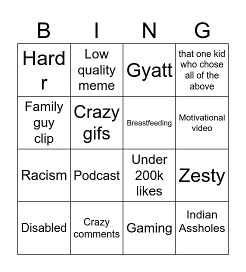 Instagram Bingo Card