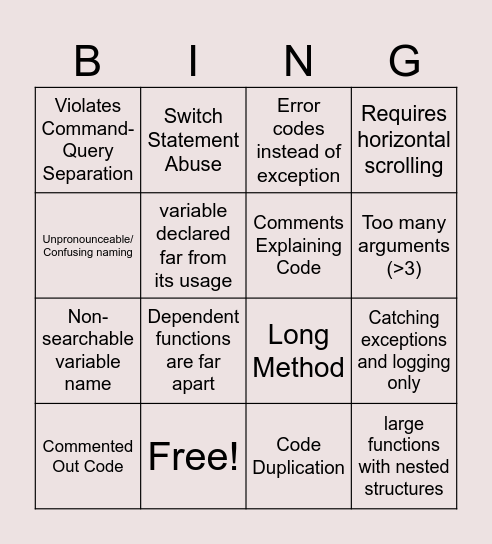 Code Smell Bingo!! Bingo Card