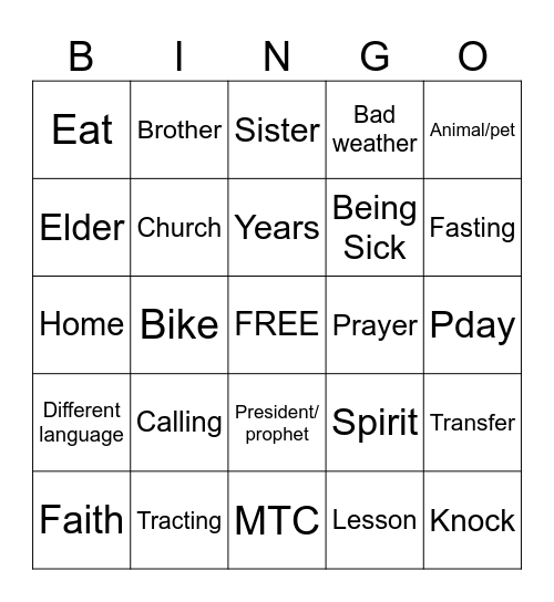 Missionary Bingo Card
