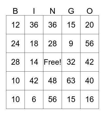 Multiplication Bingo (2-9 facts) Bingo Card