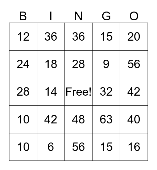 Multiplication Bingo (2-9 facts) Bingo Card