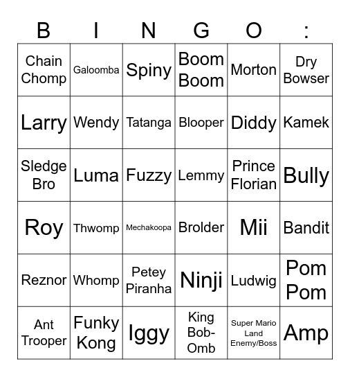 Mario Kart World Last Characters Bingo Card