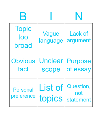 Bad Thesis Statements Bingo Card
