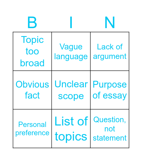 Bad Thesis Statements Bingo Card