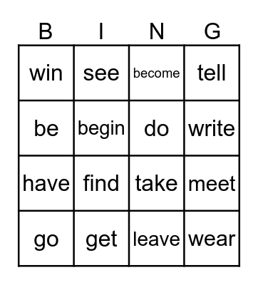 Irregular Verbs  Bingo GIA1+ Bingo Card