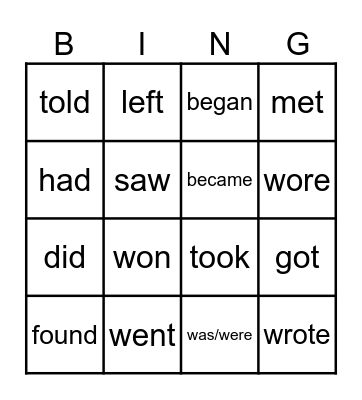 Irregular Verbs  Bingo GIA1+ Bingo Card