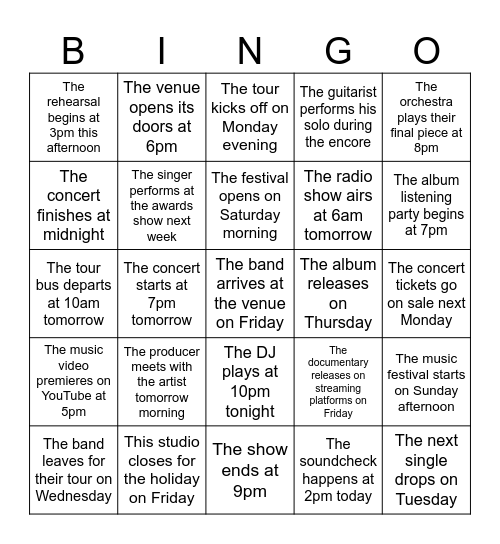 Music and Song Bingo Card