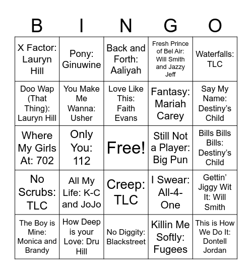 Pinney's Cheers R&B Bingo Card