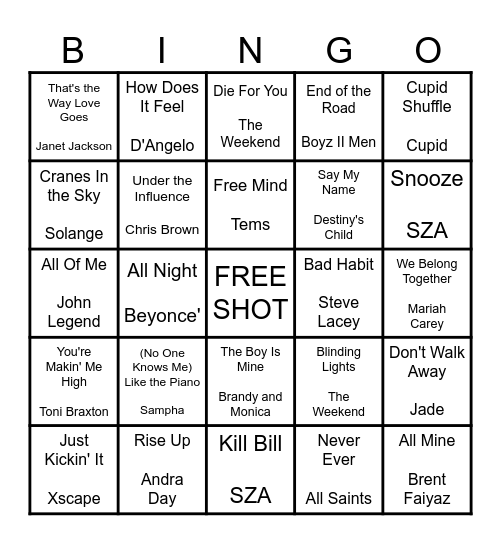 Pinney's Cheers R&B Bingo Card