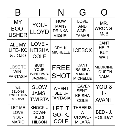 Pinney's Cheers R&B Bingo Card