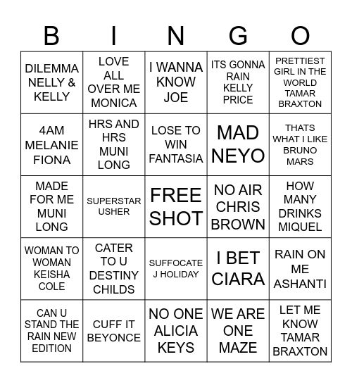 Pinney's Cheers R&B Bingo Card