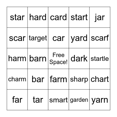 "AR" Words Bingo Card