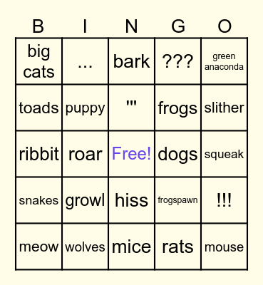 animal bingo Card