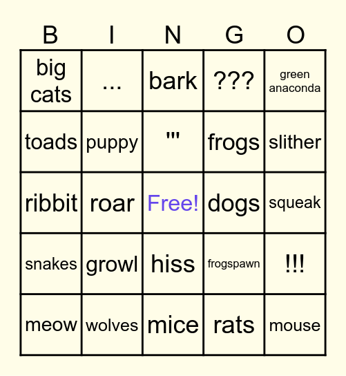 animal bingo Card
