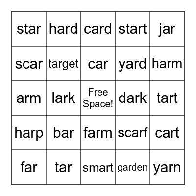 "AR" Words Bingo Card