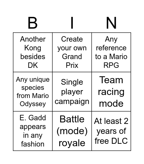 Mario Kart Direct Bingo Card