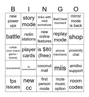 mario kart bingle Bingo Card