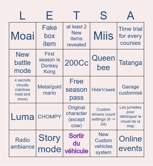 Mario Kart World Direct Bingo Card