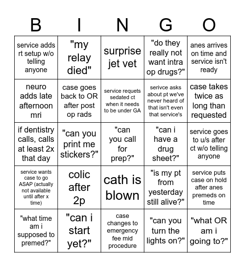 Central Scheduling Bingo Card