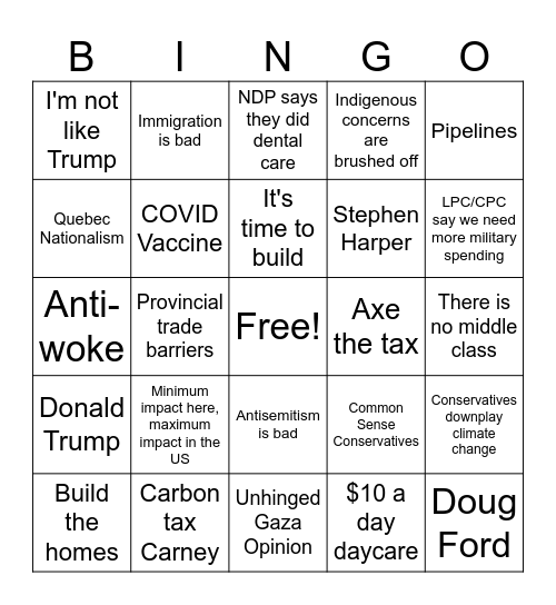 Make Canada Great Again 2025 Bingo Card
