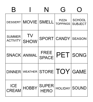 Favorite Things Bingo Card