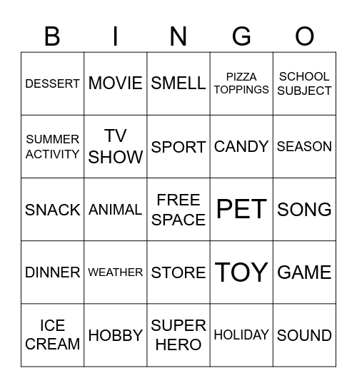 Favorite Things Bingo Card