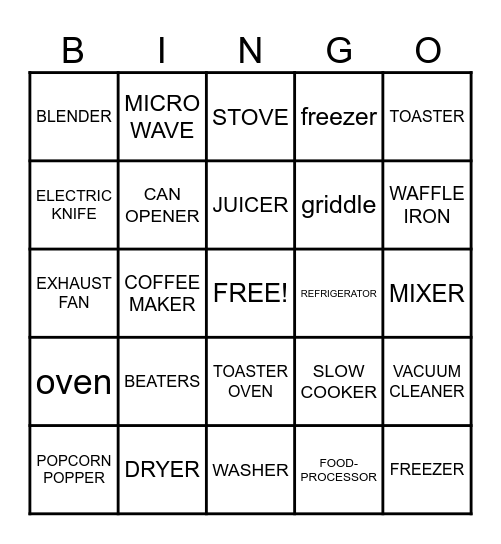 APPLIANCES Bingo Card