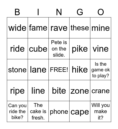 VCe Bingo Card