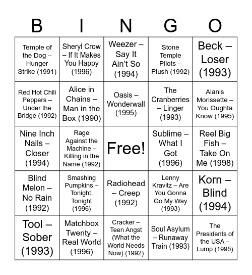 90's Rock Bingo Card