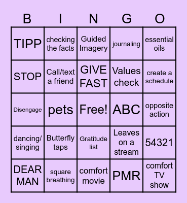 Coping Skills Bingo Card