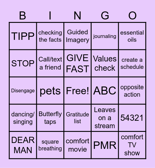 Coping Skills Bingo Card