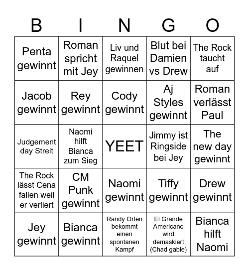 Wrestlemania Bingo Card