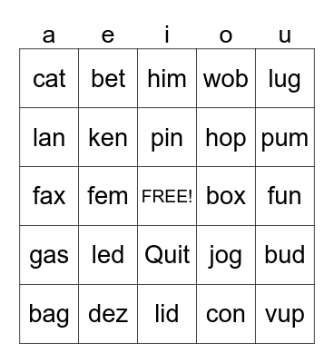 Short Vowels Bingo Card