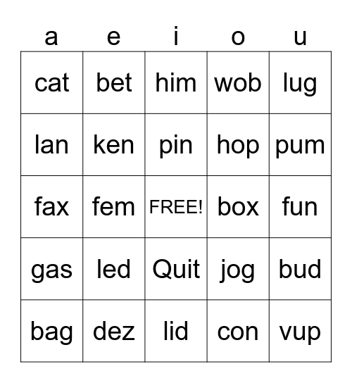 Short Vowels Bingo Card