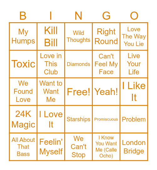 Rihanna Radio Bingo Card