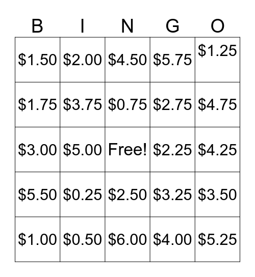 Making Change Bingo Card