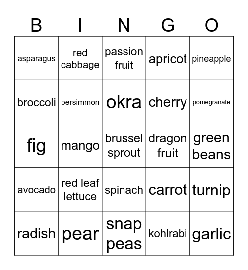 Fruits & Vegetables 2025 Bingo Card