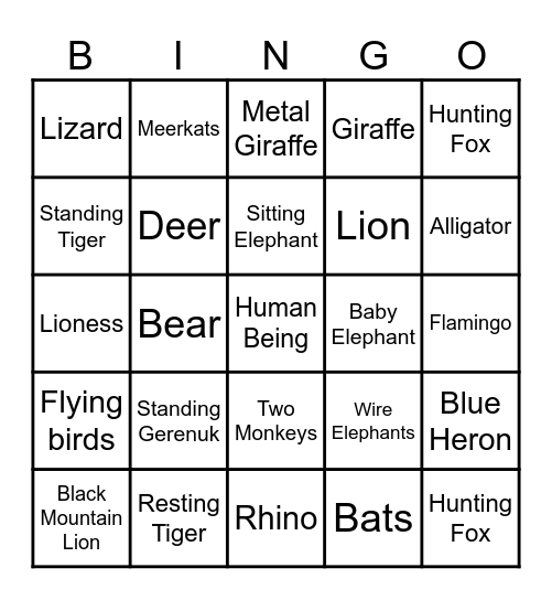 Waco Sculpture Zoo Bingo Card