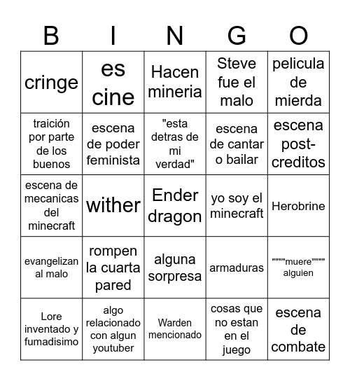 MINECRAFT LA PELICULA Bingo Card